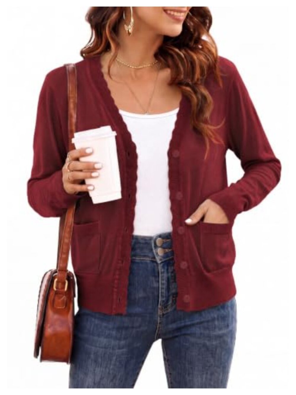 Womens V-Neck Button Front Knit Cardigan Scalloped Trim Long Sleeve
